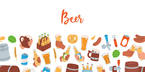 Brewery horizontal banner. Metal keg, bottle opener, sausages, beer tap, glass, mug, bottles. Brewing process, brewery factory. Vector illustration. - 790358948