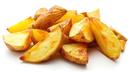 Closeup golden salty potato wedges on white background. AI generated image