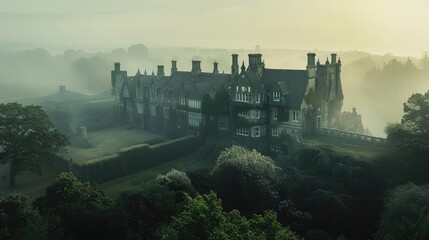 A sprawling country estate shrouded in the mist of early morning, its ivy-covered walls and turrets rising majestically from the rolling hills.  - obrazy, fototapety, plakaty