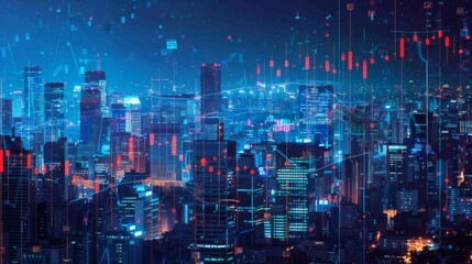 Multi exposure of forex chart drawings over cityscape background. Concept of success.