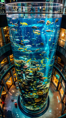 Large aquarium filled with lots of different types of fish inside of building.