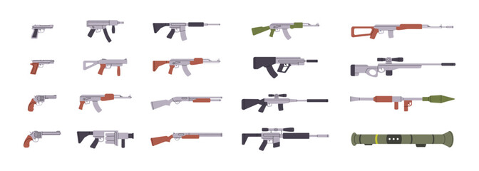 Modern weapons. Military weapons silhouettes. Tactical assault rifles, smoothbore guns. Vector illustration.