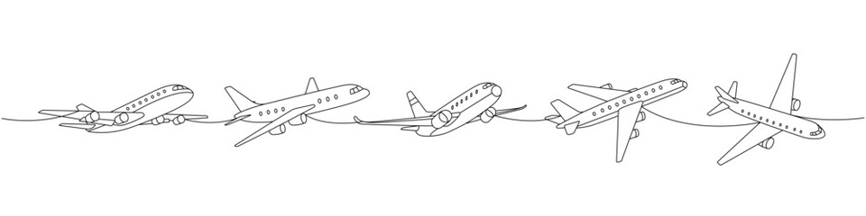 Airplane set. Air transport one line continuous drawing. Passenger airplanes continuous one line illustration. Vector minimalist linear illustration - 790359560
