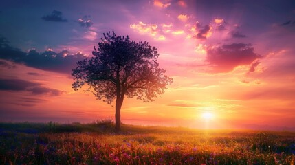 Fototapeta na wymiar Nature background concept: Alone tree on meadow sunset.