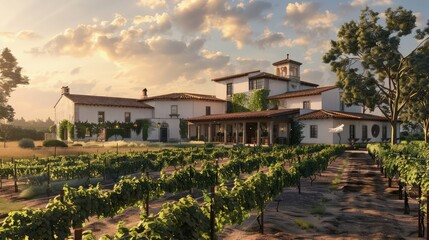 A sprawling hacienda nestled within the heart of a sun-kissed vineyard, its whitewashed walls and...