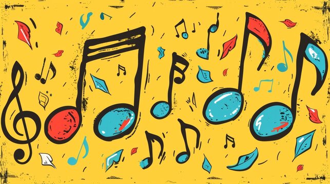 A drawing of musical notes and music symbols on a yellow background, AI