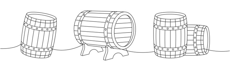 Old wooden barrels one line continuous drawing. Beer pub products continuous one line illustration. Vector linear illustration.