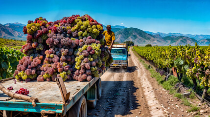 Truck loaded with grapes drives down dirt road with two men in the back.