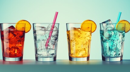 Three glasses of different colored drinks with ice and a straw, AI