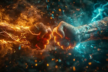 Two fists lighting and fire confrontation, abstract conflict and war concept