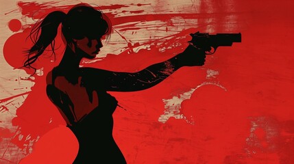 Artistic illustration of an elegant woman holding a gun, AI-generated.