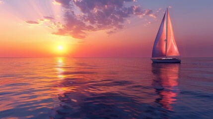 A sailboat is sailing on a calm ocean at sunset