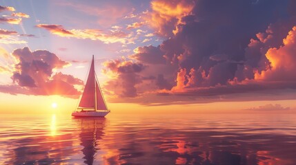 A sailboat is sailing on a calm ocean with a beautiful sunset in the background