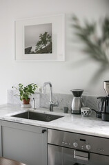 Scandinavian kitchen, white wall with a minimal picture frame on the wall, marble countertop, grey cabinets, stainless steel sink, coffee machine, and a small plant in the corner of the counter top.