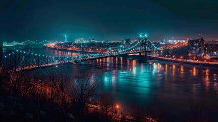 Nighttime bridge panorama: The city lights up as night falls, illuminating a grand bridge spanning the width of a serene river.