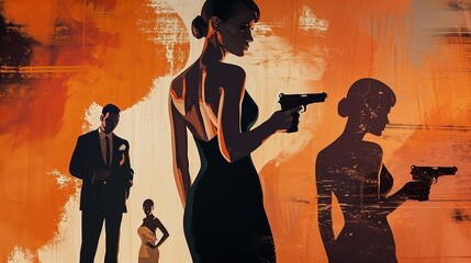 Artistic illustration of an elegant woman holding a gun, AI-generated.
