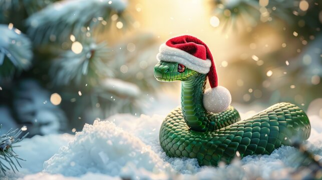 3d green shiny snake with a santa claus hat on its head against a background of snow and fir trees.
