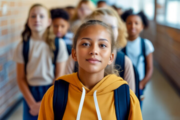 Girl in yellow hoodie stands in front of group of children.