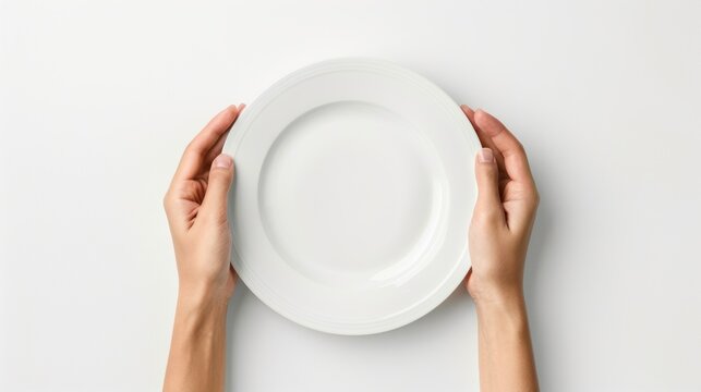 Top view human hands holding an empty white plate on a white background. AI generated image