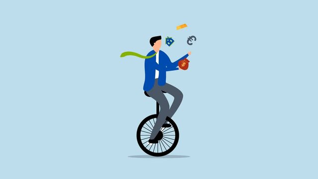 Financial advisor, Animation of Businessman investor juggling finance asset, real estate, currency, gold, savings, and stock market graphs while riding a unicycle with only one wheel.