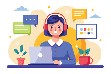A woman sitting at a desk, working on a laptop while wearing headphones, Support center customer service concept, Simple and minimalist flat Vector Illustration