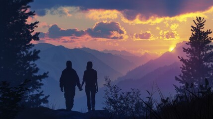 A couple holding hands stands on the top of a mountain and looks at the sunset. The mountains are purple and blue.