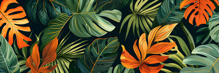 Modern exotic jungle plants illustration pattern. Creative collage contemporary floral seamless pattern. Fashionable template for design, - obrazy, fototapety, plakaty