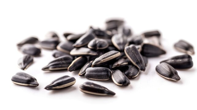 Closeup detail pile of sunflower seeds on white background. AI generated image