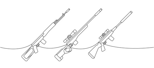Set of sniper rifles one line continuous drawing. Various modern weapons continuous one line illustration. Vector linear illustration.