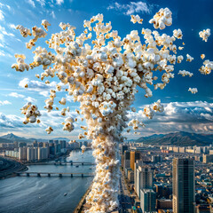 Bunch of white flowers on top of tall building next to body of water. - obrazy, fototapety, plakaty