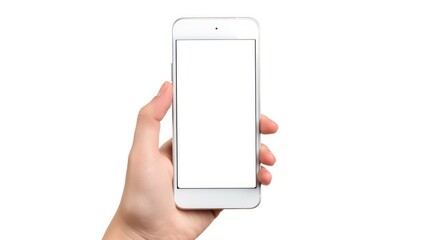 Closeup a hand holding white smartphone with blank screen on white background. AI generated image