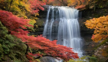 A cascading waterfall framed by vibrant autumn fol upscaled 4