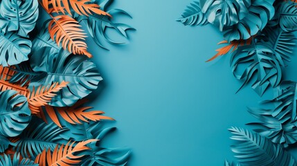 A blue background with tropical leaves and orange, AI