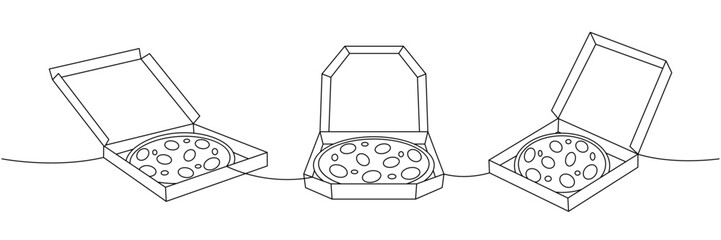 Traditional pizza in boxes one line continuous drawing. Traditional italian fast food continuous one line illustration. - 790360984