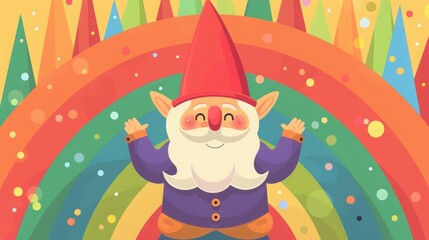 Naklejka premium flat illustration cartoon gnome on rainbow background.