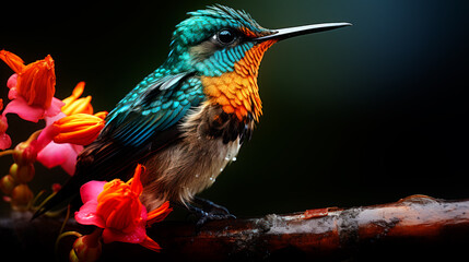 Fototapeta premium Vibrant Hummingbird Perched Beside Blossoming Flowers. Generative ai