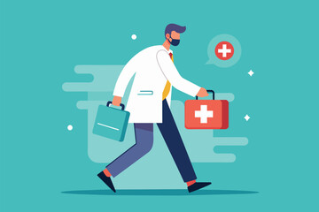 A man in a white coat carrying a red first aid kit with medical supplies, A doctor with first aid bag and medicine trending, Simple and minimalist flat Vector Illustration
