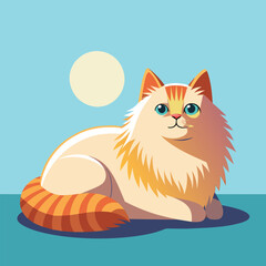 A cat sits on the ground under a bright blue sky, A fluffy cat lounging in a sunbeam, Simple and minimalist flat Vector Illustration