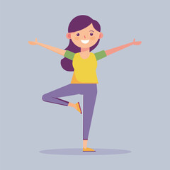 Woman Practicing Yoga Pose on Blue Background, A girl with one leg raised and arms outstretched, balancing gracefully in a yoga pose, Simple and minimalist flat Vector Illustration