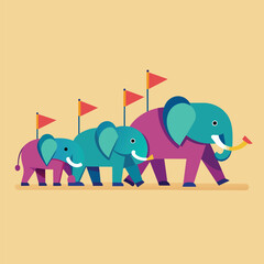 A herd of elephants walking down a street in a line, A group of elephants marching in a line with colorful flags on their backs, Simple and minimalist flat Vector Illustration