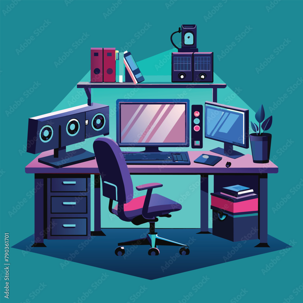 Poster A computer desk setup featuring a monitor and keyboard, ready for work or gaming, A high-tech desk setup with multiple monitors and a gaming keyboard, Simple and minimalist flat Vector Illustration