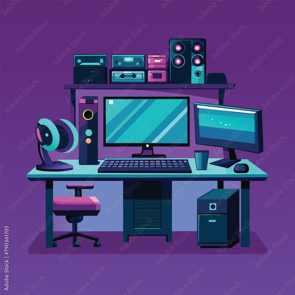 Poster a computer desk with a monitor and keyboard on top, a high-tech desk setup with multiple monitors an