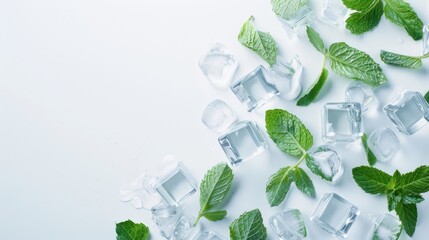 Closeup detail of green mint leaves with ice cubes stack on white background. AI generated image