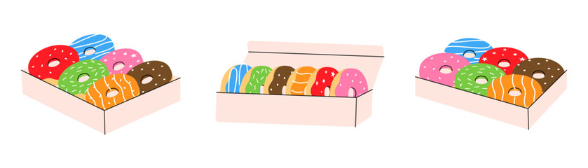 Set of box donuts. Bakery sweet pastry food. Vector illustration.