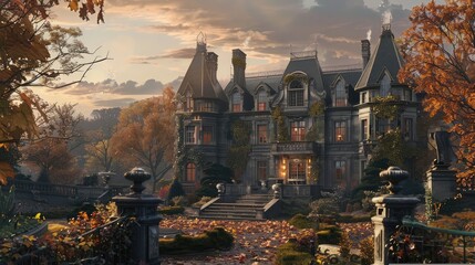 A stately mansion nestled among vibrant autumn foliage, its grandeur softened by the gentle glow of twilight. The warm hues dance across the facade, inviting whispers of stories within. - obrazy, fototapety, plakaty