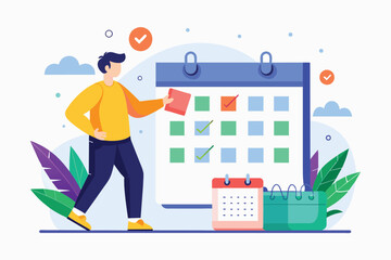 A man stands next to a calendar, circling dates for meeting plans, A man circles a calendar for meeting plans, Simple and minimalist flat Vector Illustration