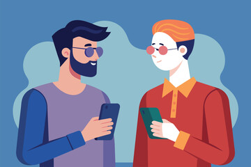 Two men standing together, engrossed in their cell phone, possibly chatting or browsing, A man date chatting to each other using phone, Simple and minimalist flat Vector Illustration