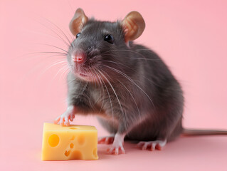 big gray rat holding cheese with its paw