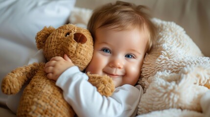 Playful baby with stuffed animal: A playful Caucasian baby snuggles with a soft stuffed animal, their fair skin glowing with happiness and comfort.