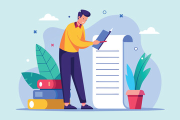 Man standing next to large sheet of paper, filling out list column, A man is filling out a list column, Simple and minimalist flat Vector Illustration
